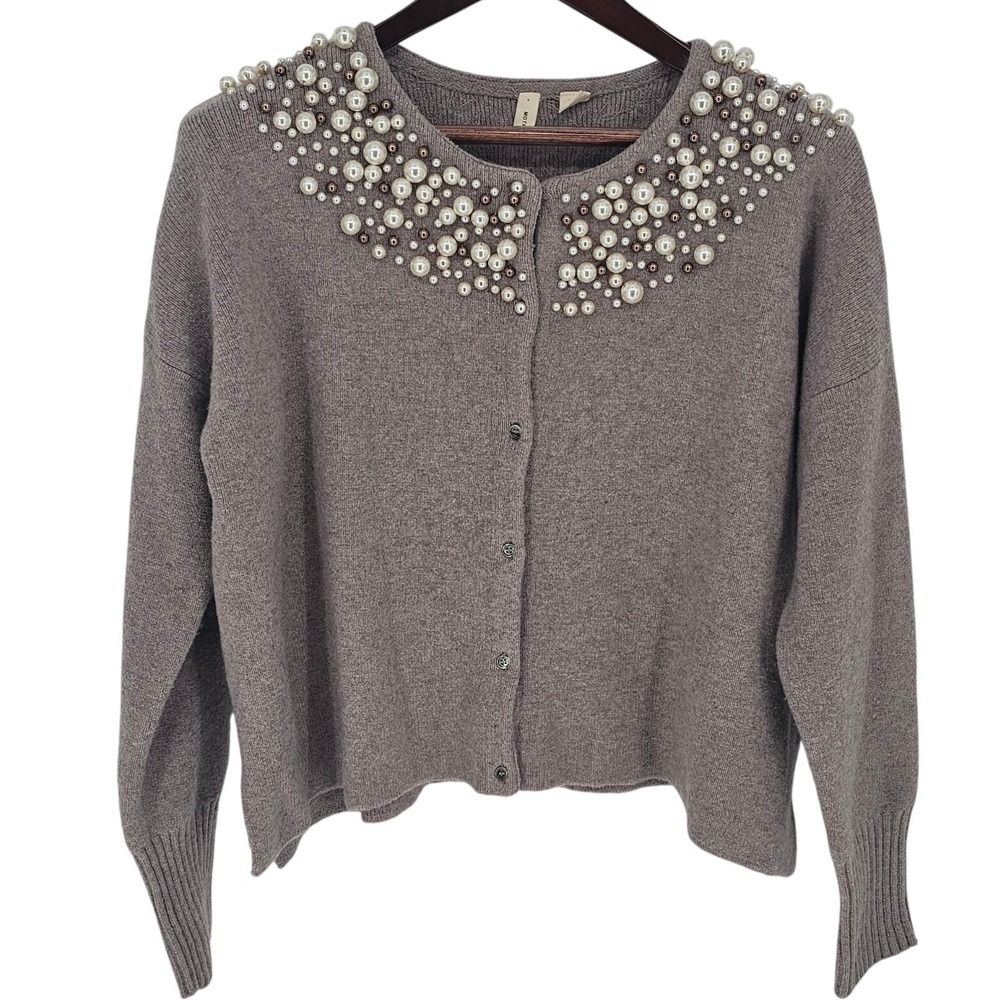 Moth Anthropologie Pearl Embellished Cardigan Wool Alpaca Blend Mauve Taupe M